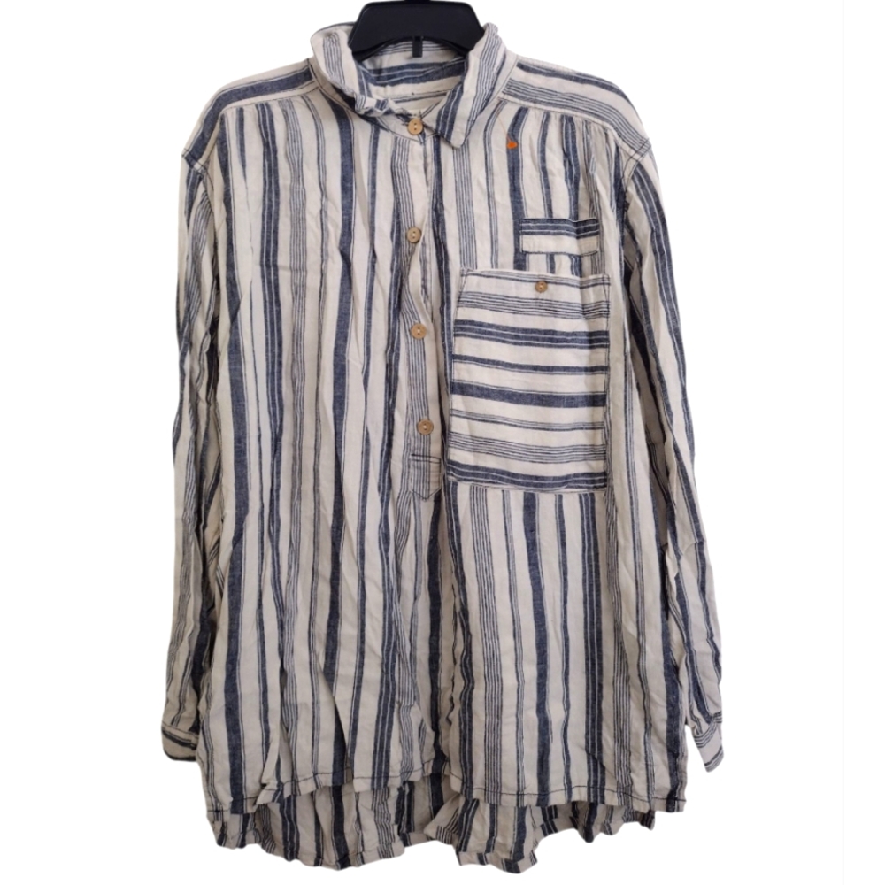 We The Free Summer Breeze Striped Popover Button-Up Shirt Linen Blend Large